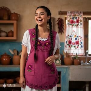 Cherry Mexican Embroidered Smock Apron – Floral Traditional Design for Women